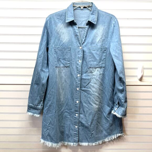Zilcremo Denim Button Down Shirt Dress Frayed Hem & Sleeve Cuffs Size L - Picture 2 of 12